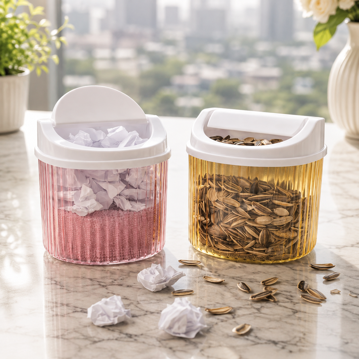 Assorted Acrylic Mini Table Bin – Compact Desktop Waste Bin with Swing Lid for Home, Office & Tabletop