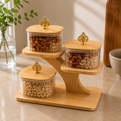 4 Piece Transparent 500ML Jar Set with Wooden Stand | Kitchen Storage Organizer