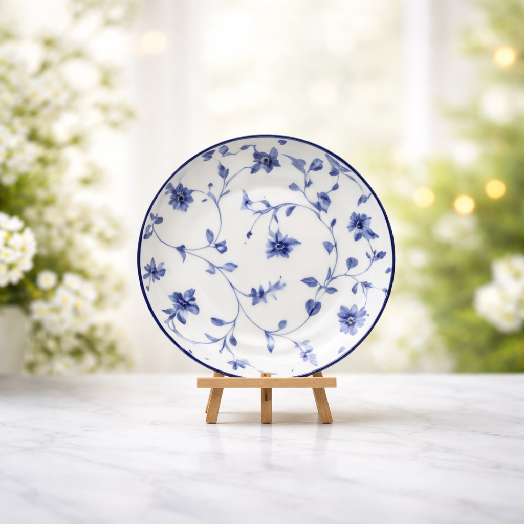 Elegant Blue Floral Dinner Plate – Ceramic Serving Plate with Classic Botanical Design - Habitt