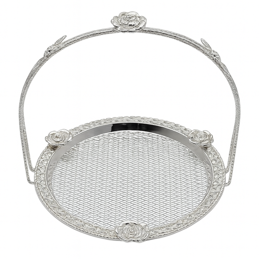 Floral Round Basket – Small Silver Decorative Serving & Display Basket