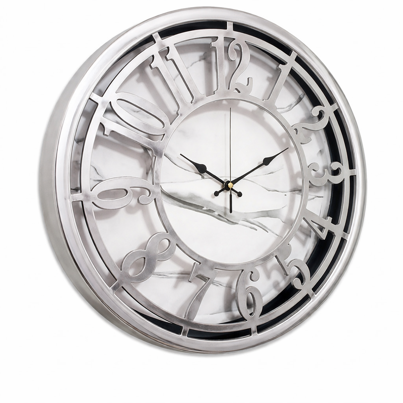 Majestic 15-Inch Heritage Wall Clock – Modern Silver Skeleton Wall Clock with Marble Effect Dial for Living Room, Office & Contemporary Home Décor - Habitt