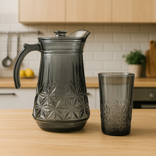Smoke-Tinted 7-Piece Water Set – Star-Cut Design Jug & Tumblers (Pressed Glass)