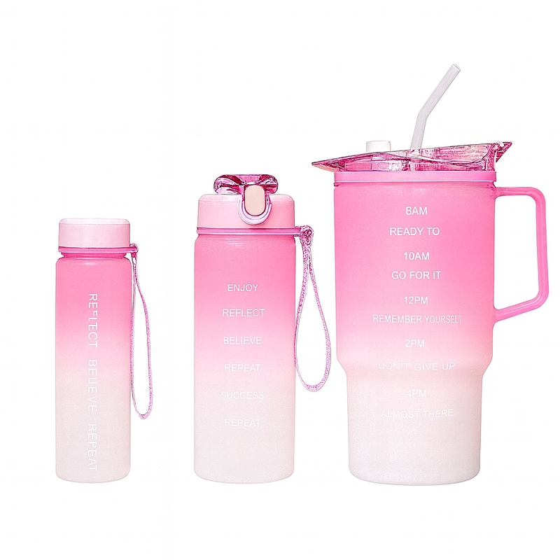 3-Piece Gradient Plastic Water Bottle Set – Leak-Proof Hydration Bottles in Purple, Pink, Blue & Green - Habitt