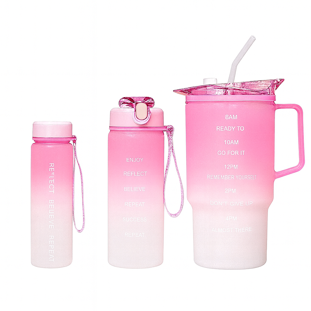 3-Piece Gradient Plastic Water Bottle Set – Leak-Proof Hydration Bottles in Purple, Pink, Blue & Green - Habitt