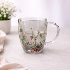 Double Wall Floral Mug – Transparent Tea & Coffee Cup with Dried Flowers