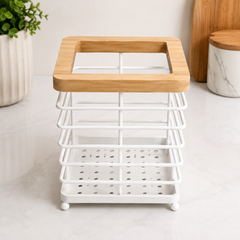 Square Wood & Iron Chopstick Holder – Black & White Kitchen Utensil Stand
