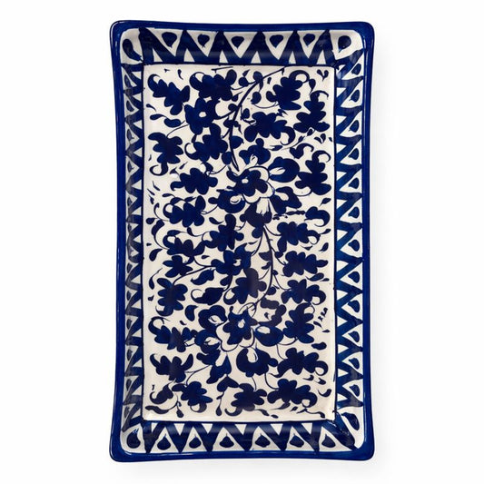 Handcrafted Blue Pottery Rectangle Platter – Floral Design (11 × 4.5 Inches)