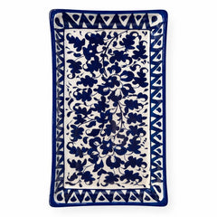Handcrafted Blue Pottery Rectangle Platter – Floral Design (11 × 4.5 Inches)