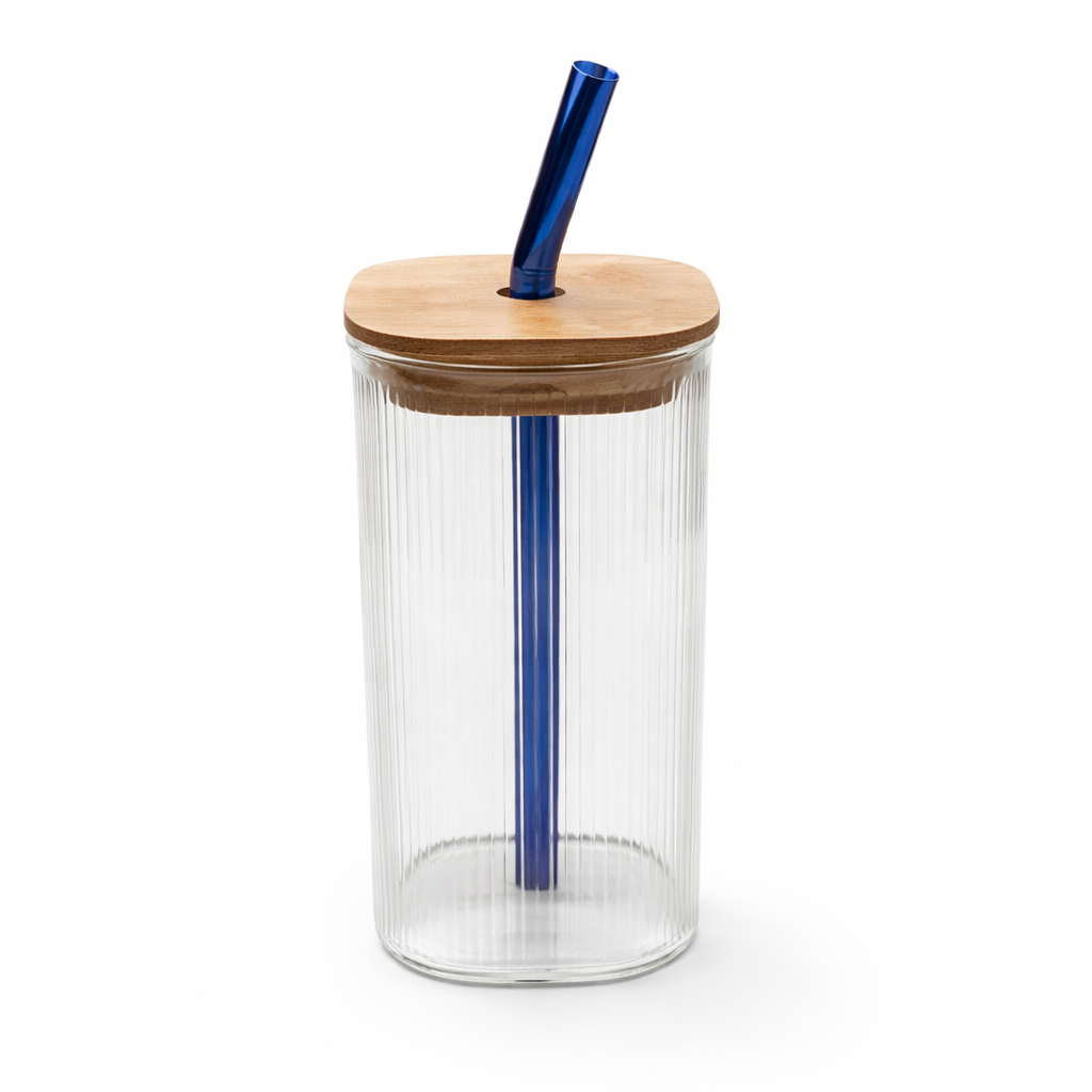 Mason Jar Ribbed Glass Tumbler with Bamboo Lid & Reusable Straw – Minimalist Drinkware Cup