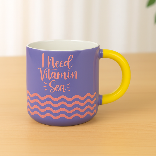 “I Need Vitamin Sea” Ceramic Mug –& Beach-Themed Coffee Cup | Purple & Yellow