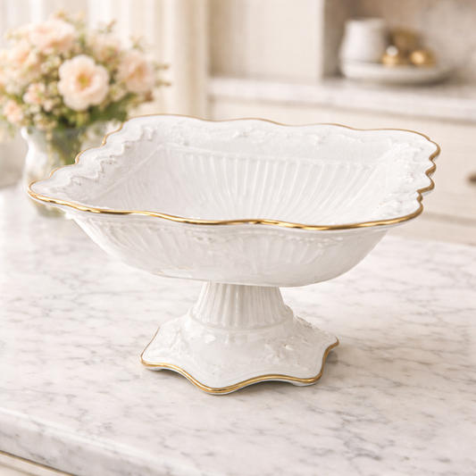 Medium White Porcelain Fruit Bowl with Gold Trim – Elegant Pedestal Serving Bowl