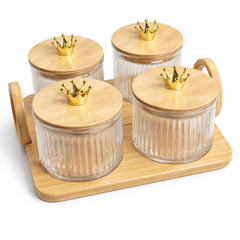 5Pcs Glass Storage Jar Set with Crown Knobs & Bamboo Tray
