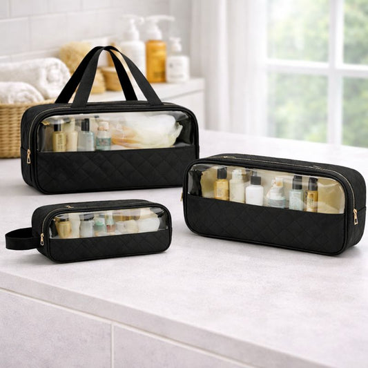 3PCS PVC Cosmetic Pouches – Transparent Travel Organizer Set (Assorted Colours) - Habitt