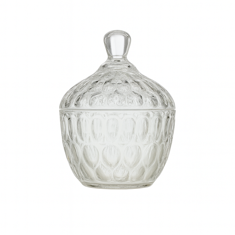 Clear Embossed Glass Candy Jar with Lid – 99 mm Decorative Sweet Container (1 Pc) - Habitt