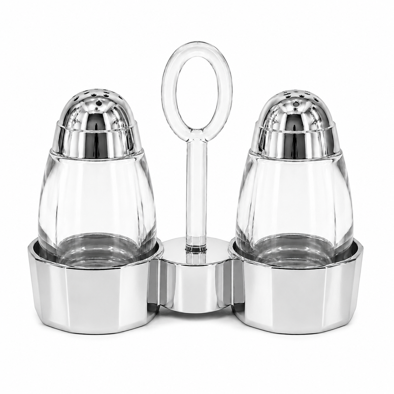 3 Pcs Salt & Pepper Set with Stand – Golden & Silver