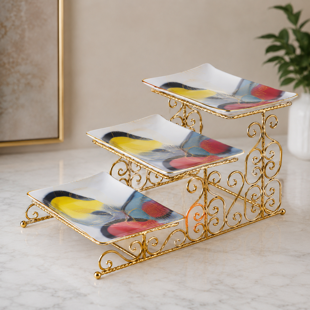 3-Step Glass Serving Stand with Gold Metal Frame | Elegant Dessert Display