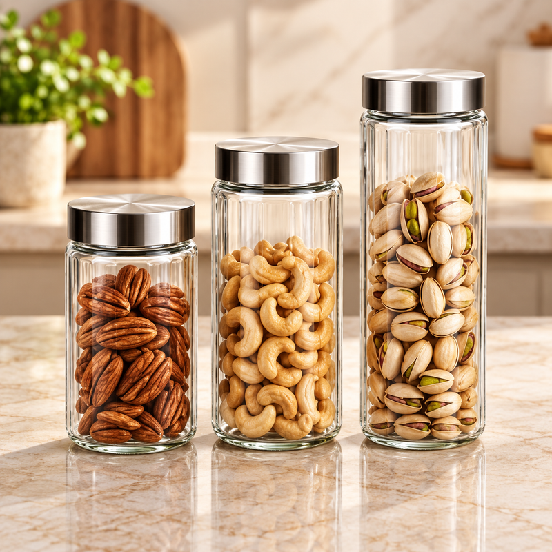 3-Piece Glass Storage Jar Set with Stainless Steel Lids – 1.22L, 1.64L & 1.85L