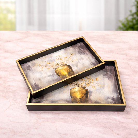 2Pcs Tray Set – Rectangular Serving Trays with Elegant Golden Vase Art Design - Habitt