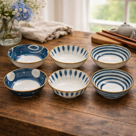 6PC Ceramic Bowl Set – Blue & White Pattern with Gold Rim | Elegant Dining Bowls