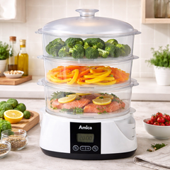 Amica Lunaris Food Steamer 900W with 6 Auto Cooking Programs & Rice Bowl – Healthy Steam Cooker (PT-3012) - Habitt