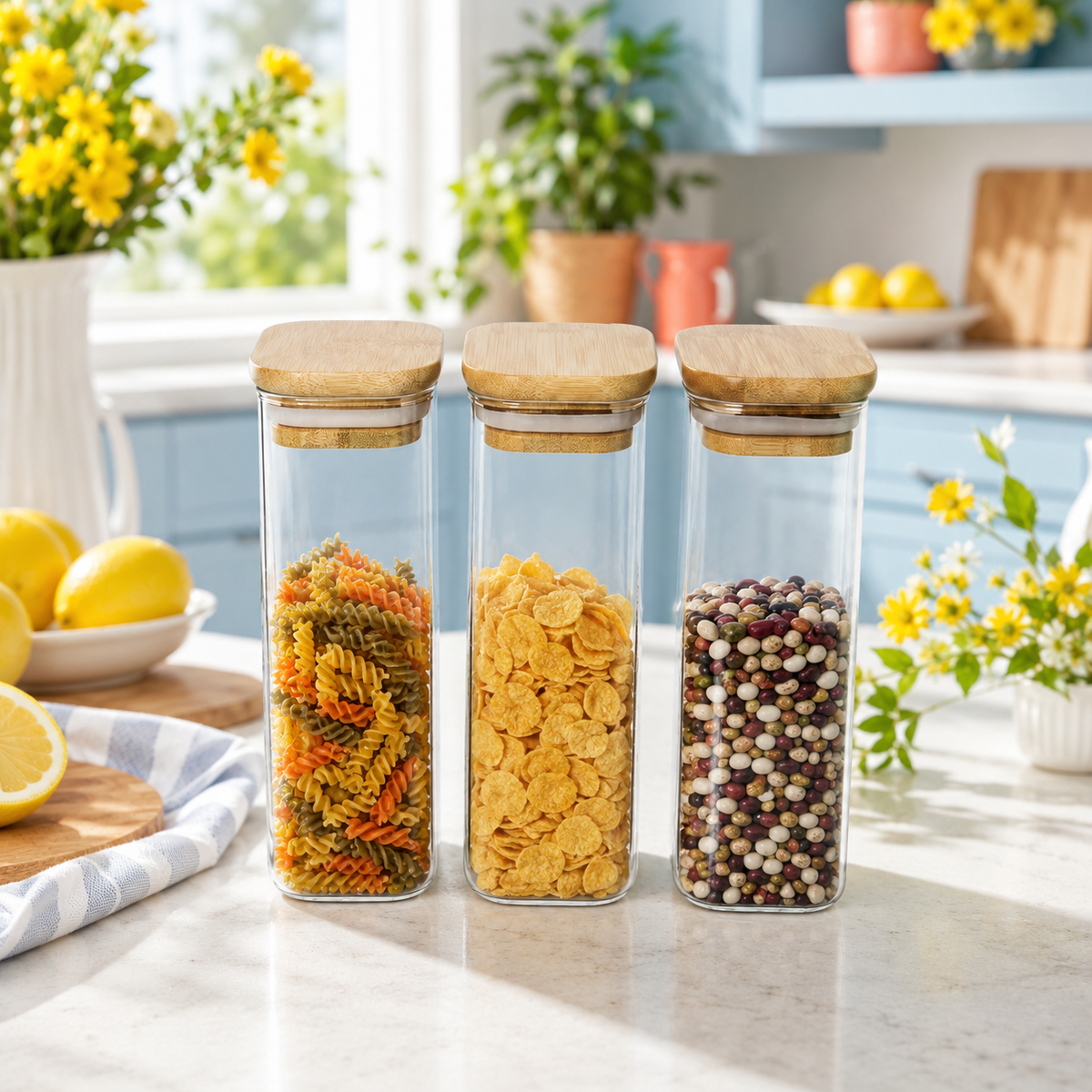 3-Piece Jar Set with Lids – Transparent Kitchen Storage Jars for Dry Food, Snacks, Nuts & Pantry Essentials