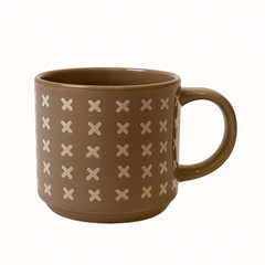 Patterned Brown Ceramic Mug – Modern Cross Design Coffee & Tea Cup
