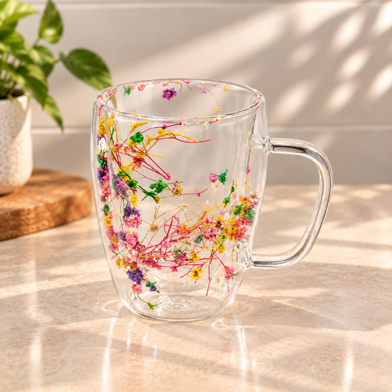 Floral Double Wall Glass Mug - Assorted