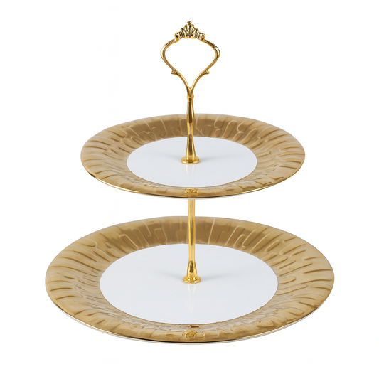 2 Tier Pastry Stand – White &amp; Gold Ceramic Dessert Stand