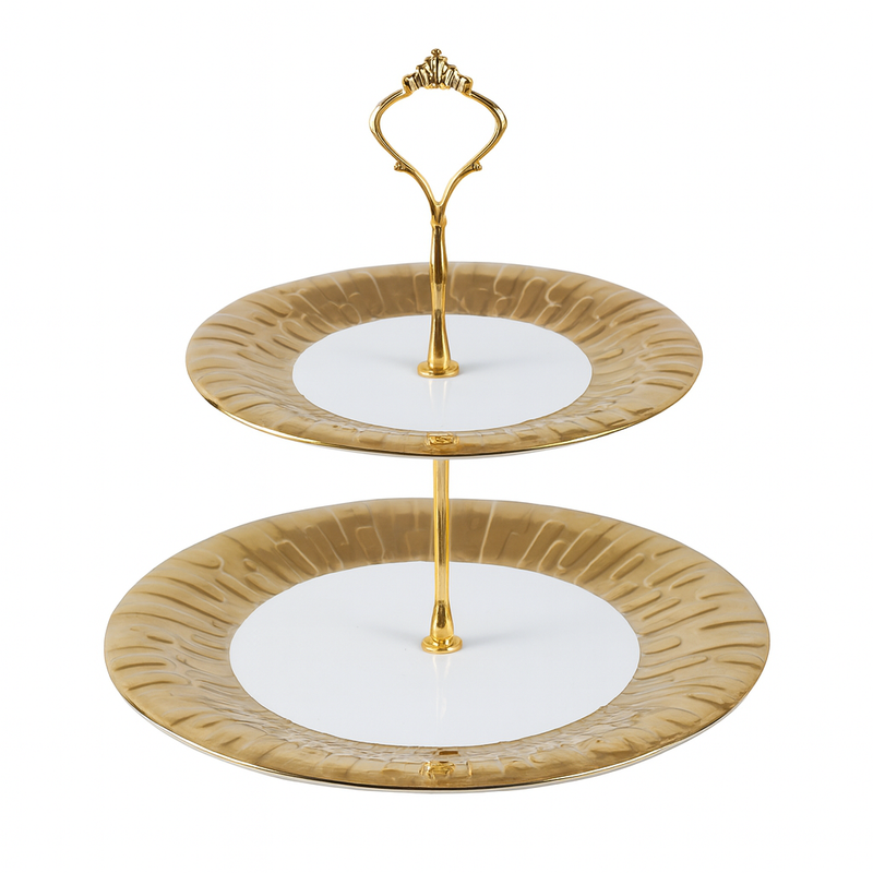 2 Tier Pastry Stand – White &amp; Gold Ceramic Dessert Stand - Habitt