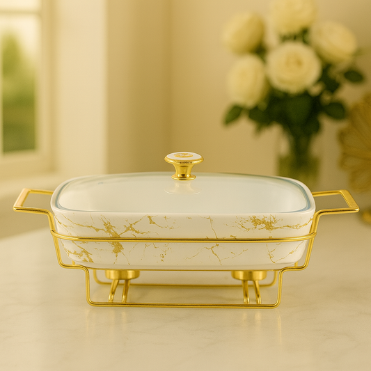 14.5" Marble-Design Ceramic Casserole With Gold Stand – Luxury Serving & Warming Dish