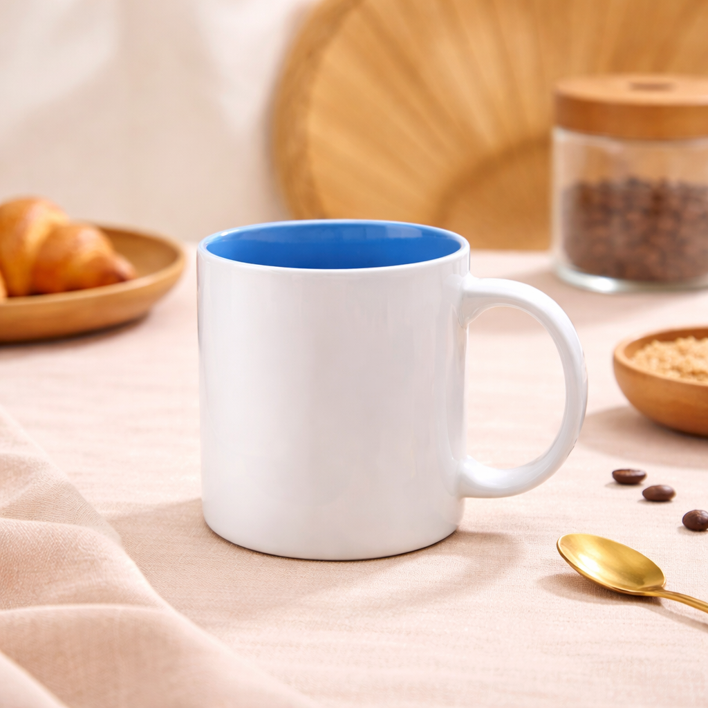 White Ceramic Coffee Mug with Blue Inner | Minimalist Contrast Tea Cup | Modern Aesthetic Drinkware - Habitt