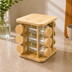 13 Piece Transparent Jar Set with Wooden Stand | Kitchen Spice Organizer