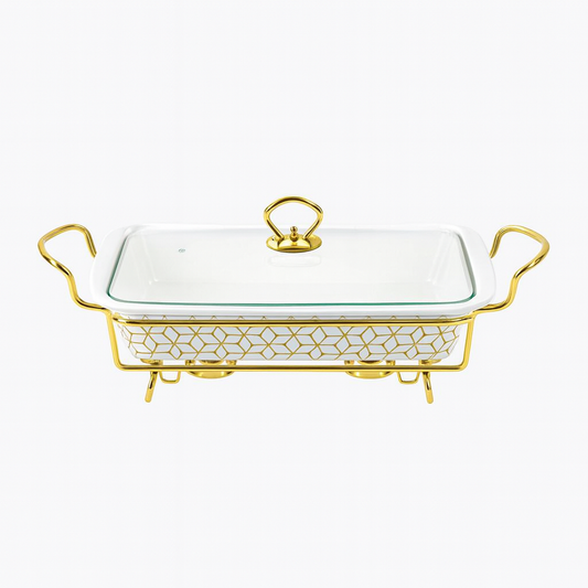 Elegant 11" Ceramic Casserole With Gold Metal Stand – Premium Serving & Warming Dish