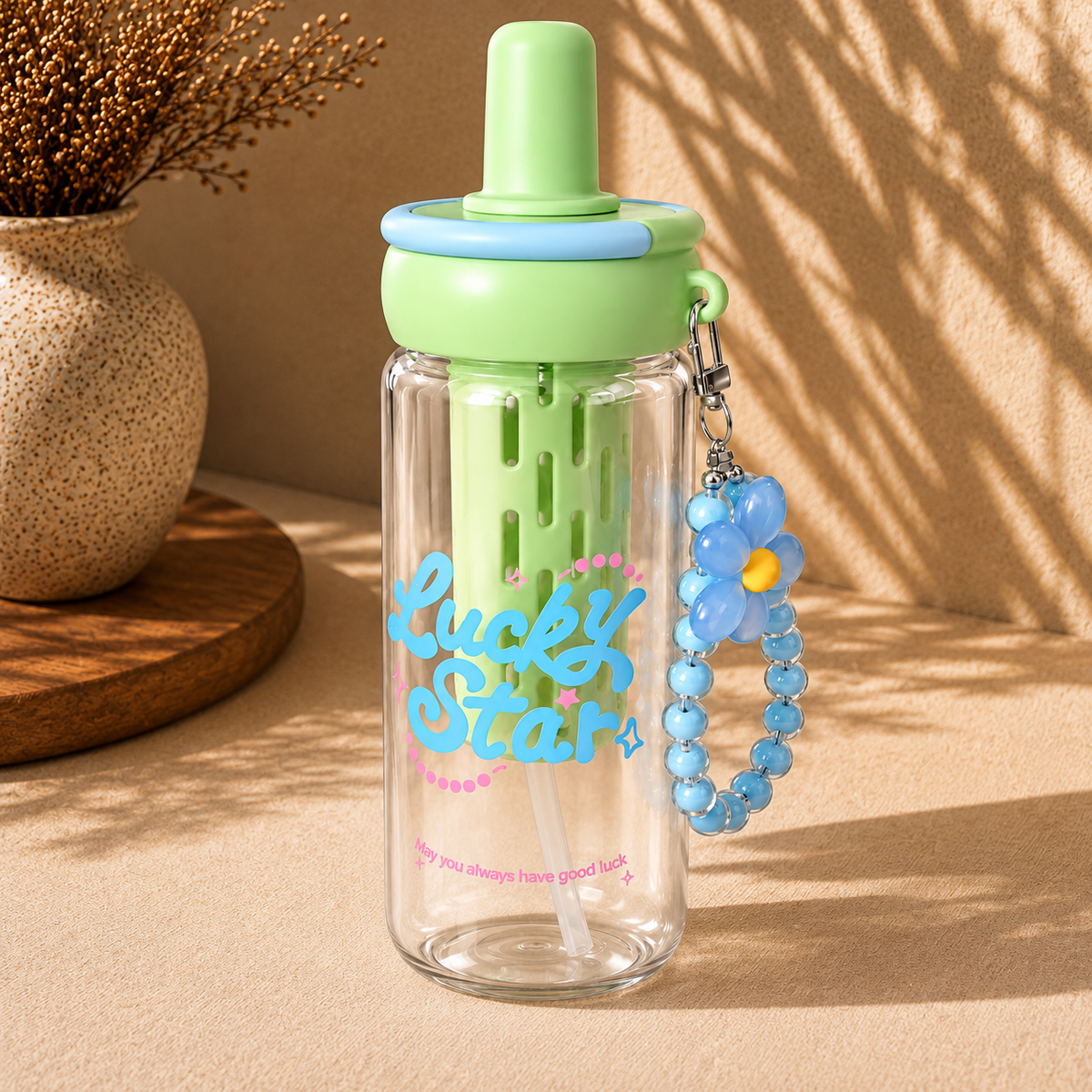 Green 900ml Lucky Star Water Bottle with Straw & Charm