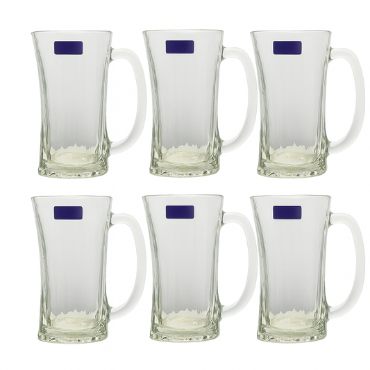 Wavy Textured Clear Glass Juice Mug 320 ml with Handle – Set of 6 | Stylish Drinkware for Home & Café