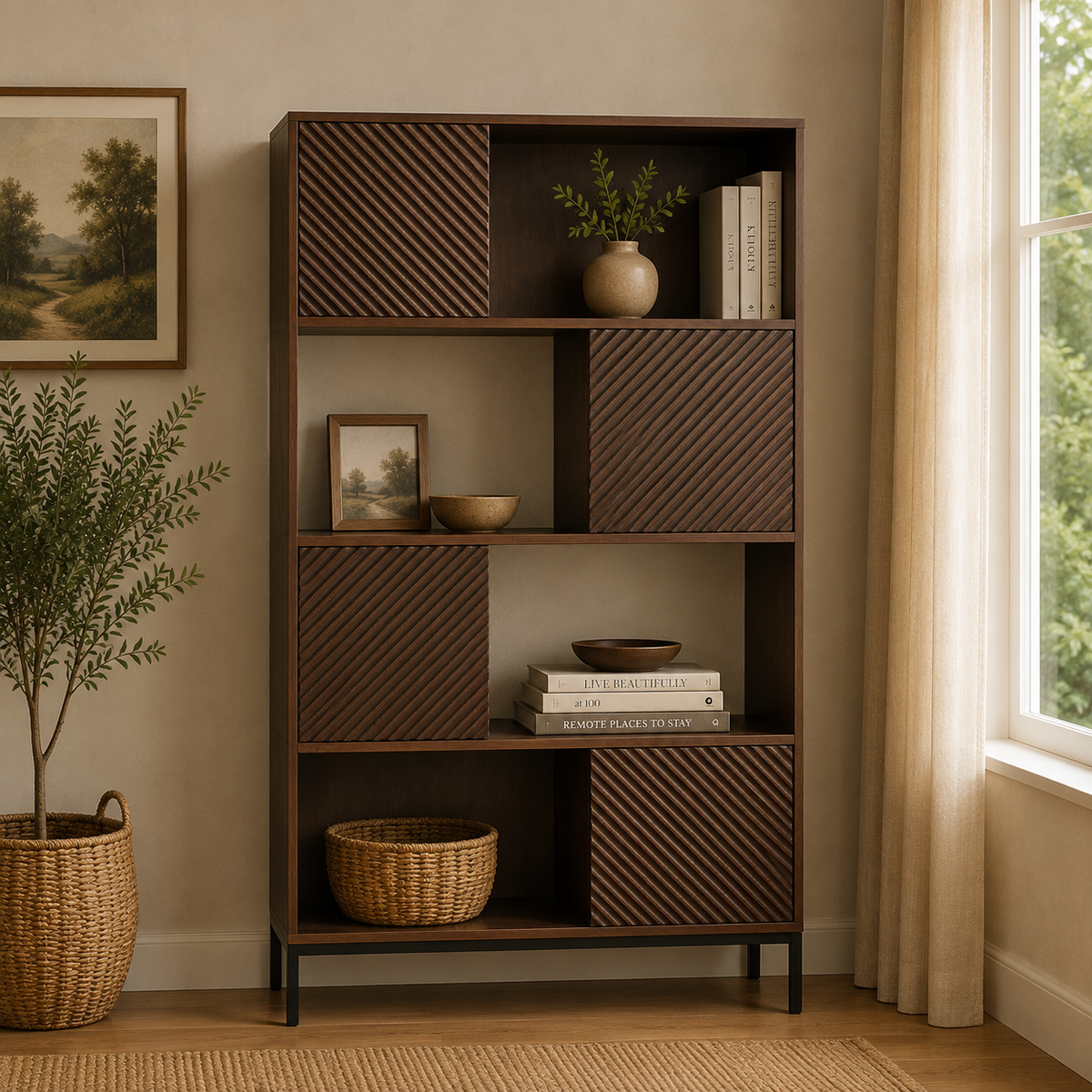 Oaklin Wooden Display Shelf with Sliding Doors