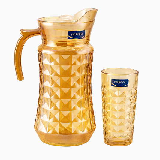 Golden-Tinted 7-Piece Water Set – 1.7 L Jug with 278 ml Glasses (Premium Diamond-Pattern Glassware)