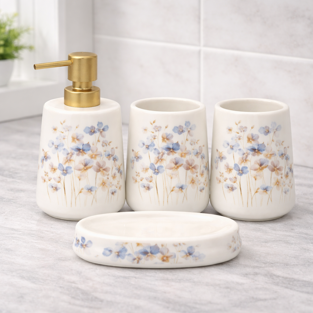 4-Piece Floral Bathroom Accessories Set – White with Blue Flower Design Soap Dispenser, Toothbrush Holder & Soap Dish - Habitt