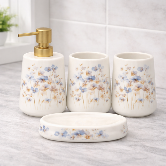 4-Piece Floral Bathroom Accessories Set – White with Blue Flower Design Soap Dispenser, Toothbrush Holder & Soap Dish - Habitt