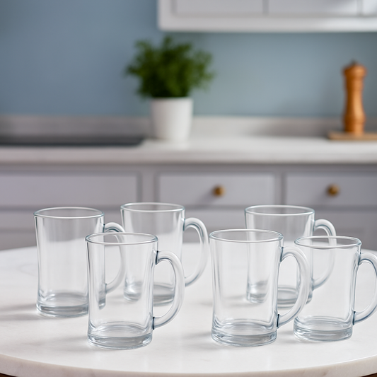 Wavy-Edge Clear Glass Juice Mug 380 ml with Handle – Set of 6 | Premium Textured Drinkware for Home &Café