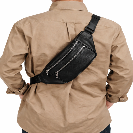 Premium Leather Crossbody Waist Bag – Unisex Travel Fanny Pack with Dual Zipper Pockets (Assorted Colors)