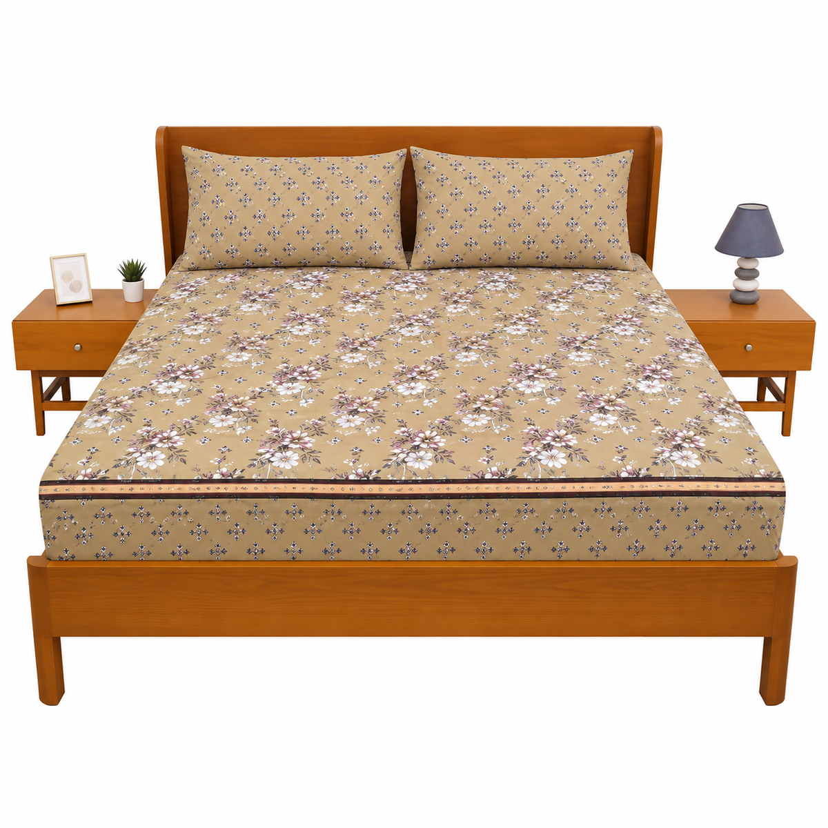 Floral Printed Double Bed Sheet – Elegant Beige Design