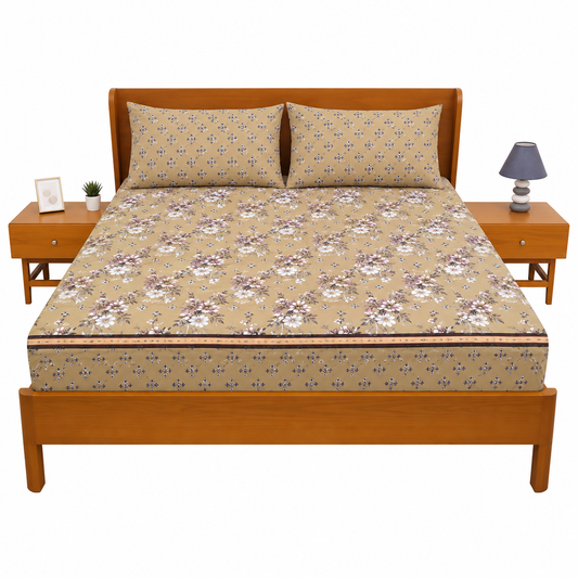 Floral Printed Double Bed Sheet – Elegant Beige Design