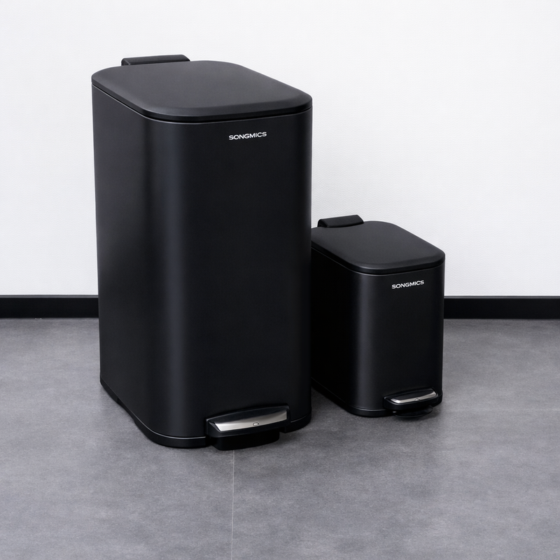 2-Piece Black Trash Can Set – 30L & 6L Pedal Bins with Soft-Close Lid - Habitt