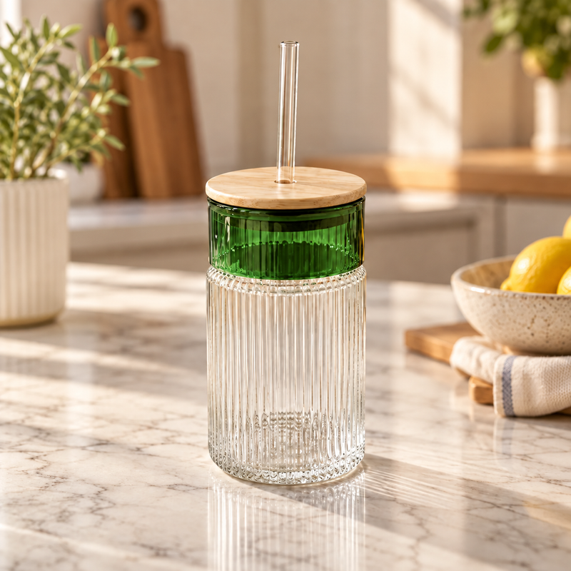 Ribbed Glass Sipper with Bamboo Lid & Straw