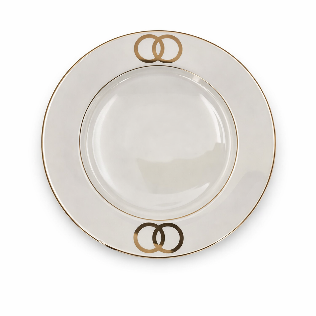 White & Gold Interlocking Motif Ceramic Plate – 8-Inch Elegant Single Plate