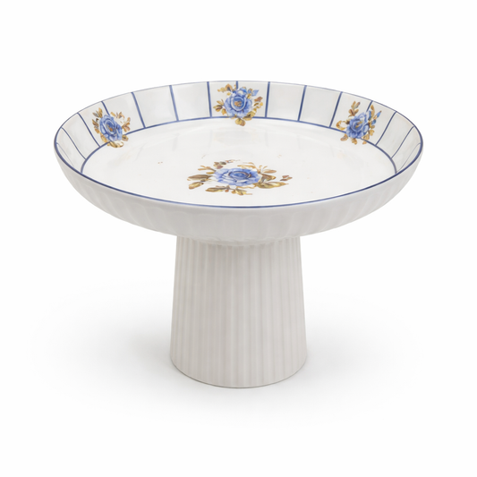 Classic Blue Rose Pedestal Fruit Bowl – 10 Inch Elegant Floral Serving Bowl