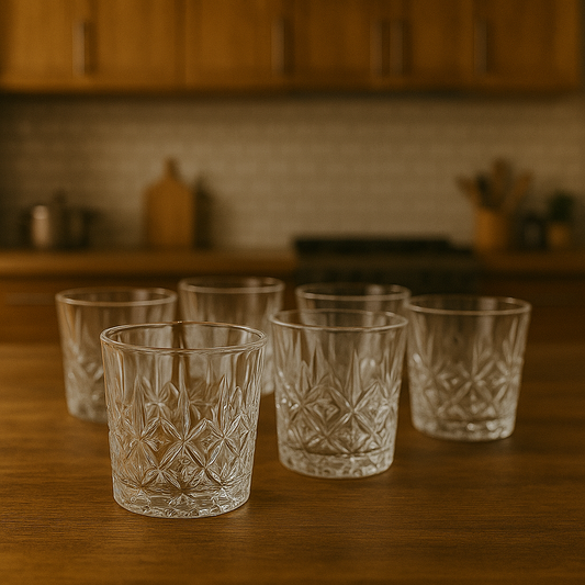 Diamond-Cut Tumbler Glass Set 340 ml – Premium Clear Crystal-Style Drinkware (6 Pcs)