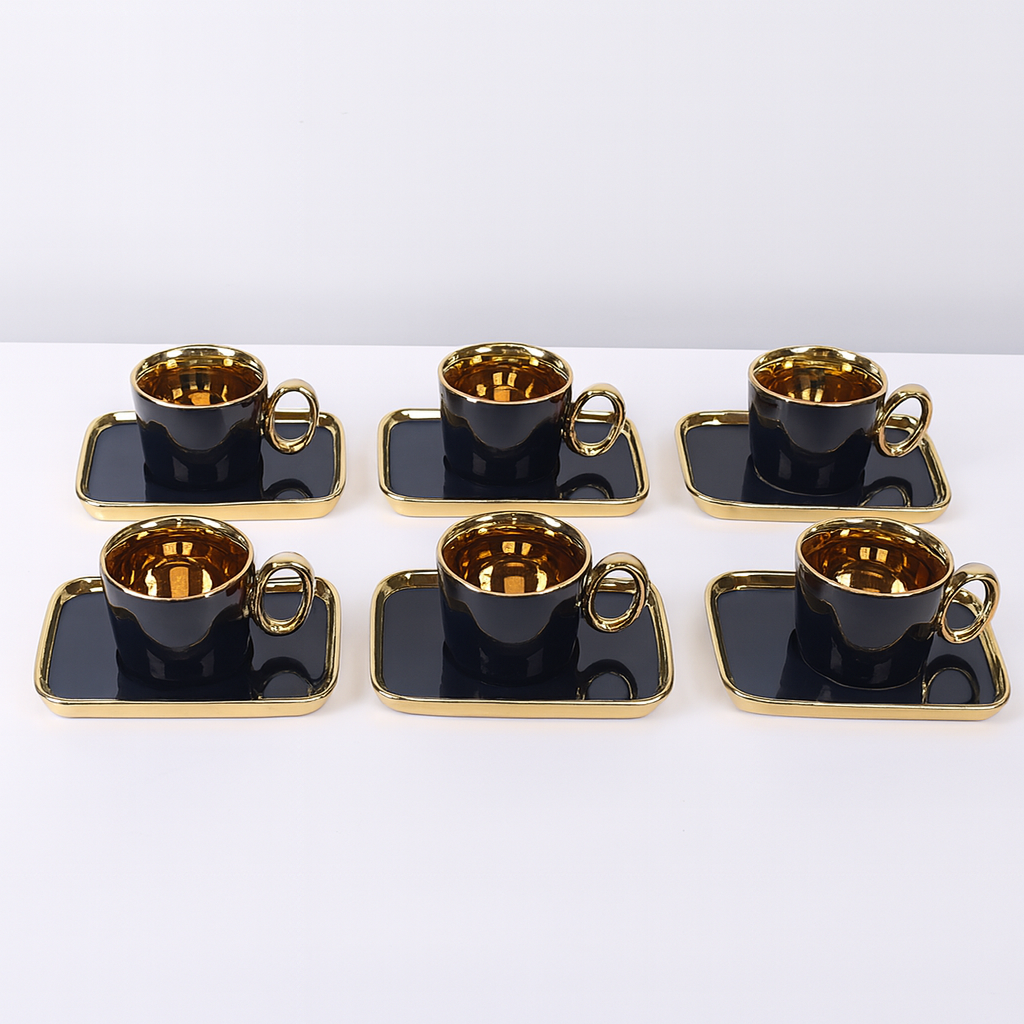 Sol Stylish Cup & Saucer Set of 6 – Black &amp; Gold Porcelain Coffee Set 90120