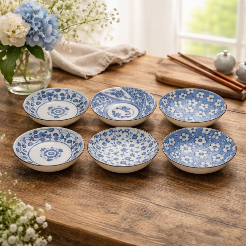 6PCS Ceramic Bowl Set – Blue & White Patterned Serving Bowls | Elegant Tableware